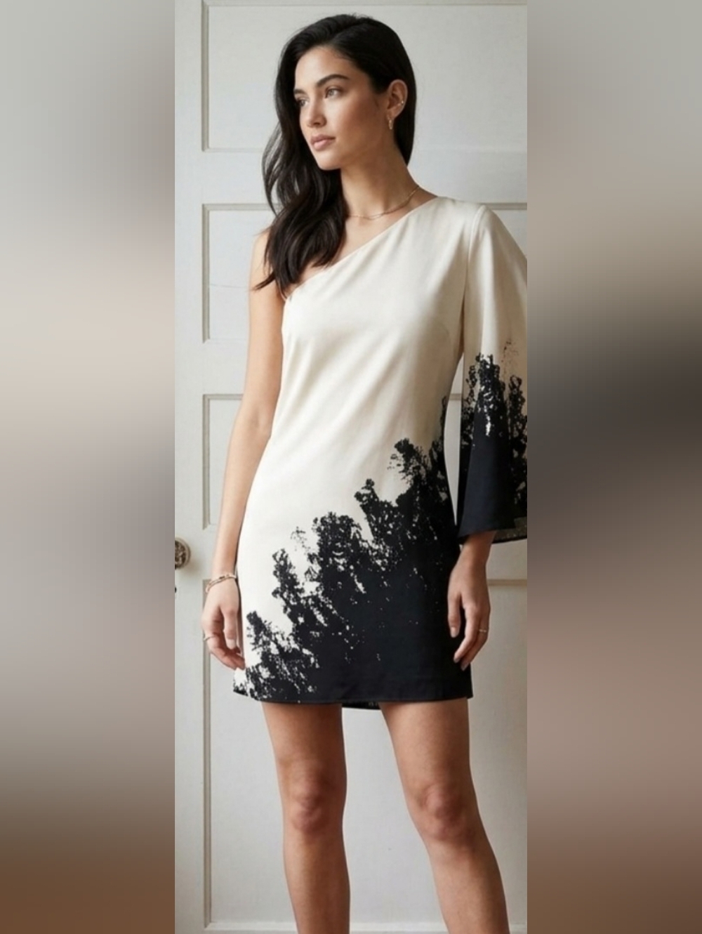 Nicole Miller Mini Dress, 100% Silk, One Shoulder, Cream Black, Lined Size 2 NWT